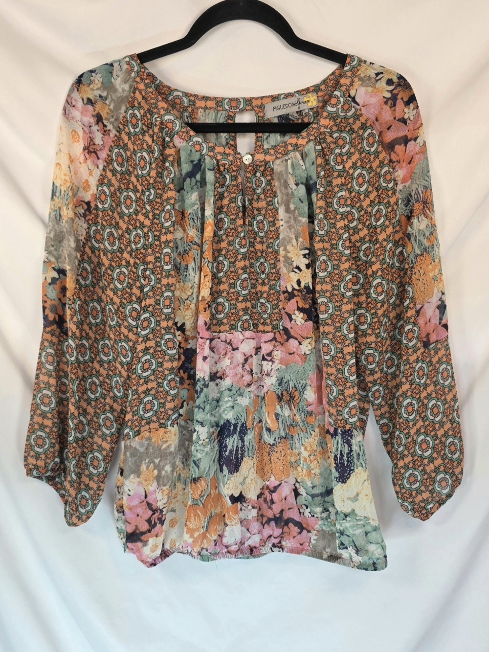 Figueroa & Flower Boho Peasant Blouse Sz M Patchwork Floral Medallion Flowy